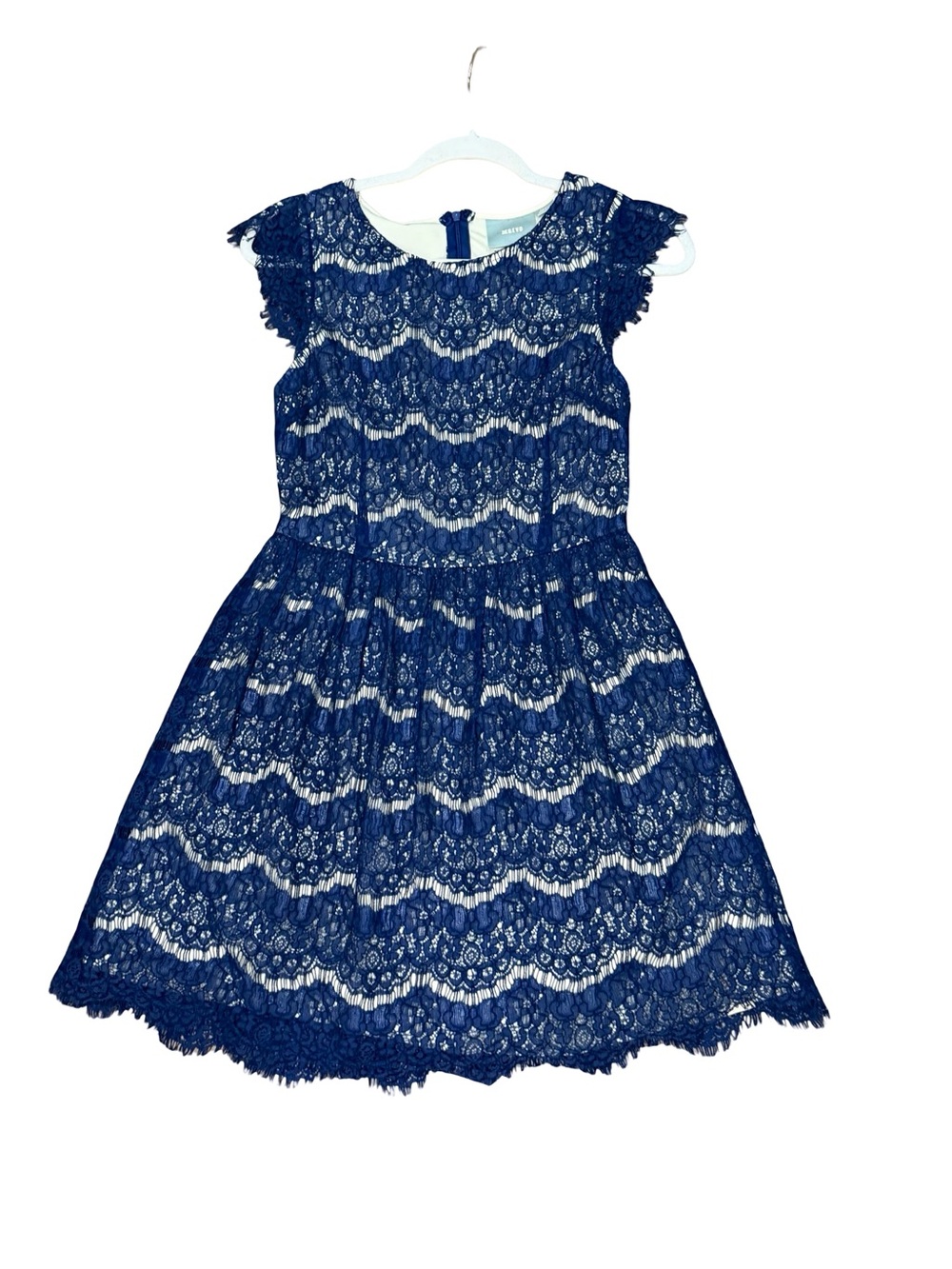 🌟 Maeve Anthropologie Blue Lace A-Line Dress‎ Fringed Cap Sleeve Size Small